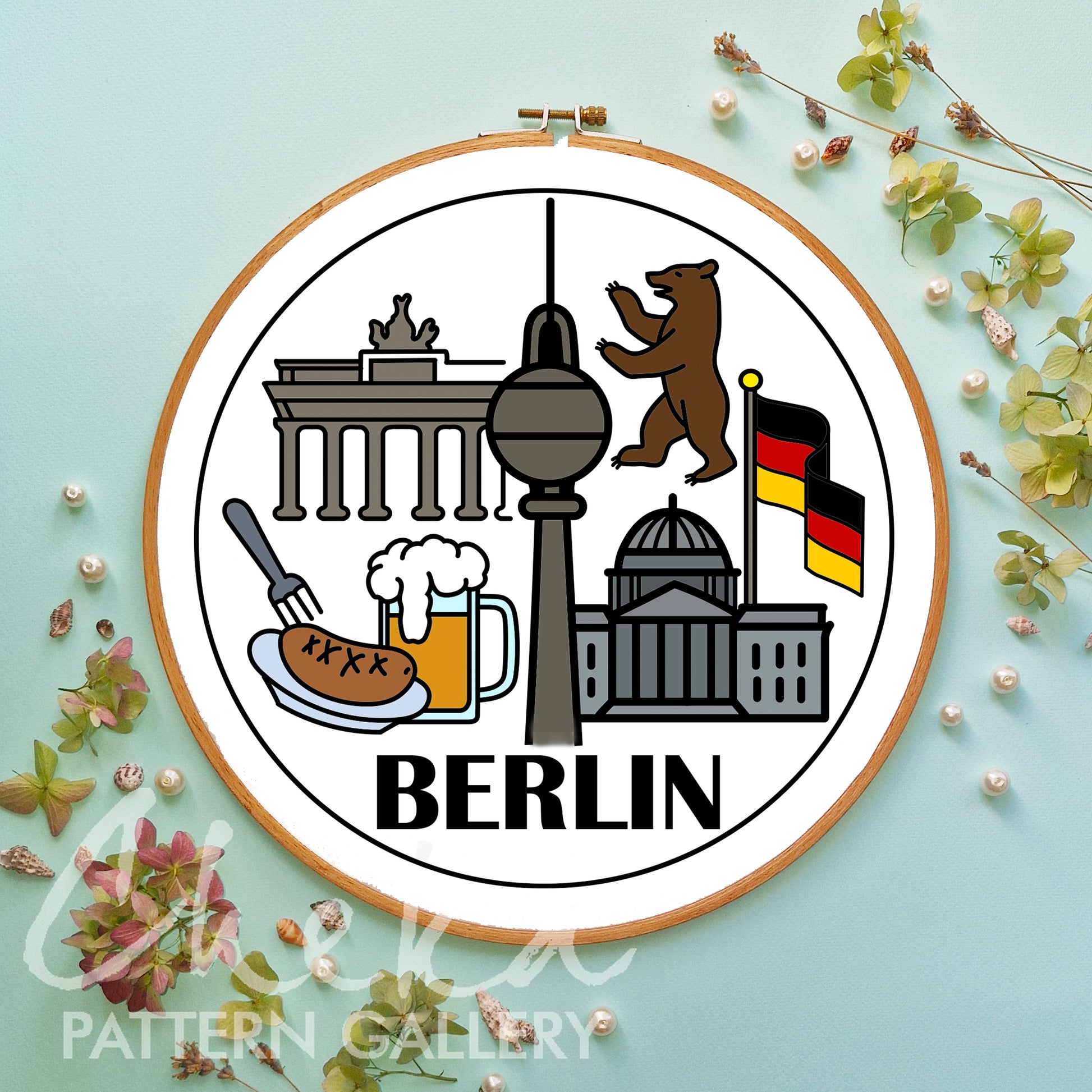 Berlin, symbol of the city. German embroidery, Hand embroidery pattern PDF. Modern hoop art, 