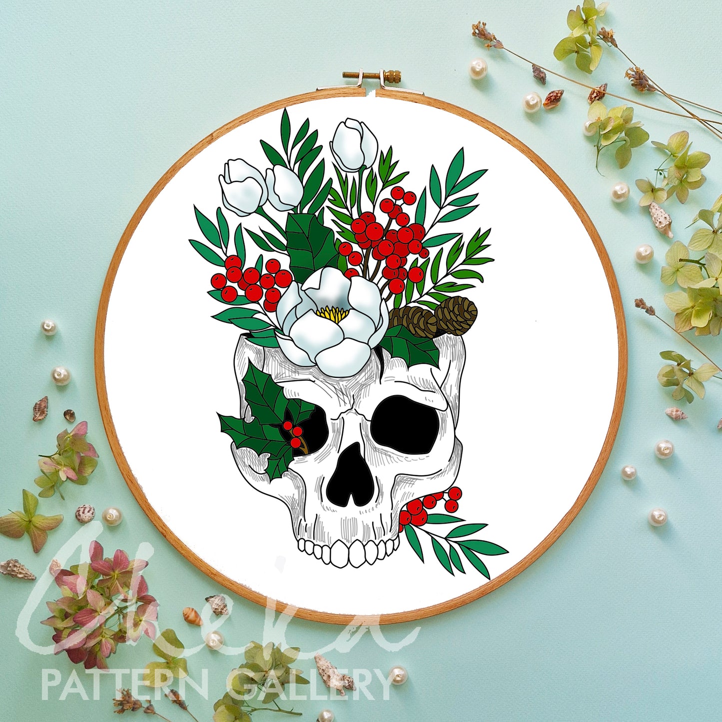 Merry Christmas Skull, digital hand embroidery pattern. Bouquet of holiday flowers. Embroidery scheme with skull, winter hoop art project