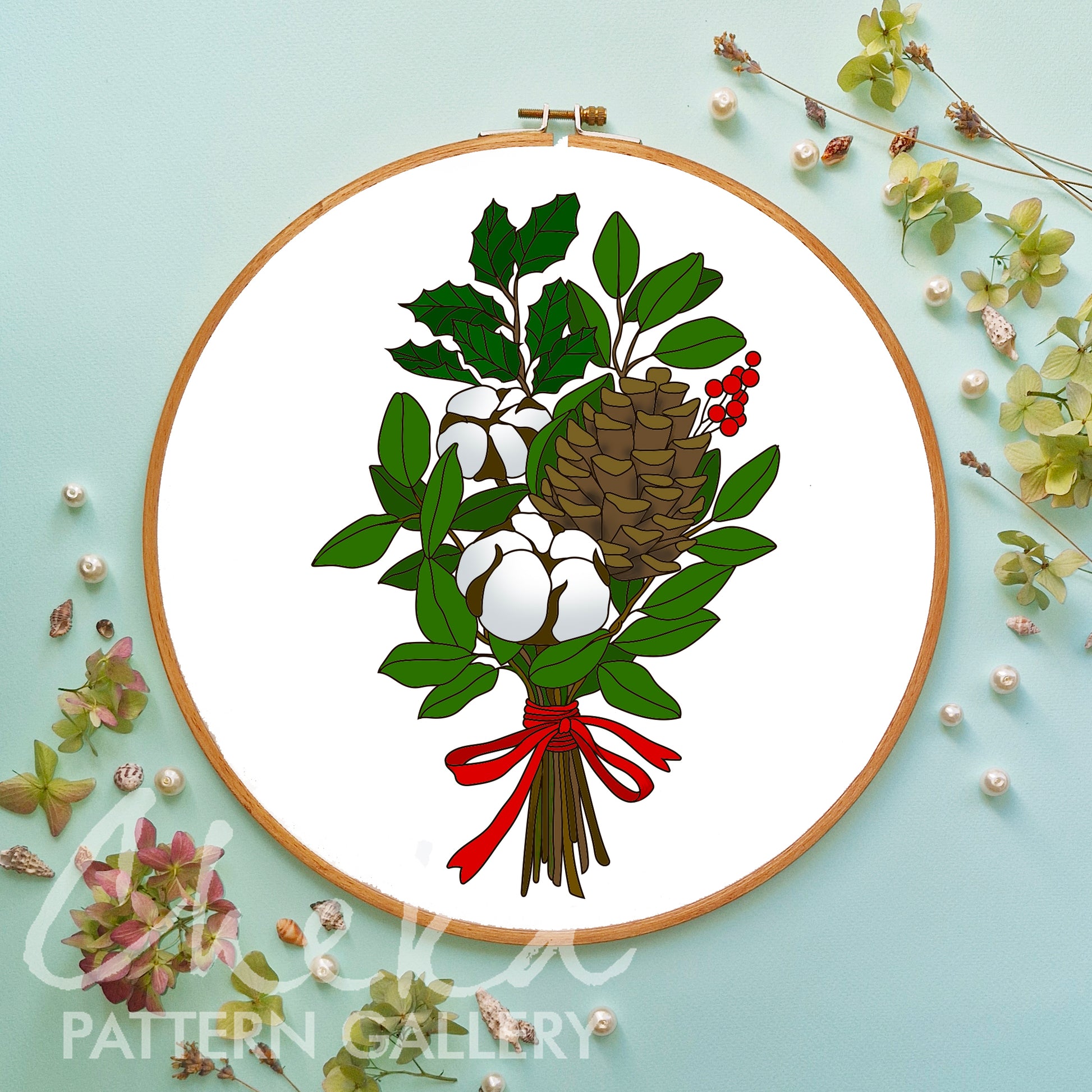 Christmas Bouquet Hand Embroidery Pattern with cones and cotton, Christmas Flowers and Pinecones, Christmas Embroidery Art,winter embroidery