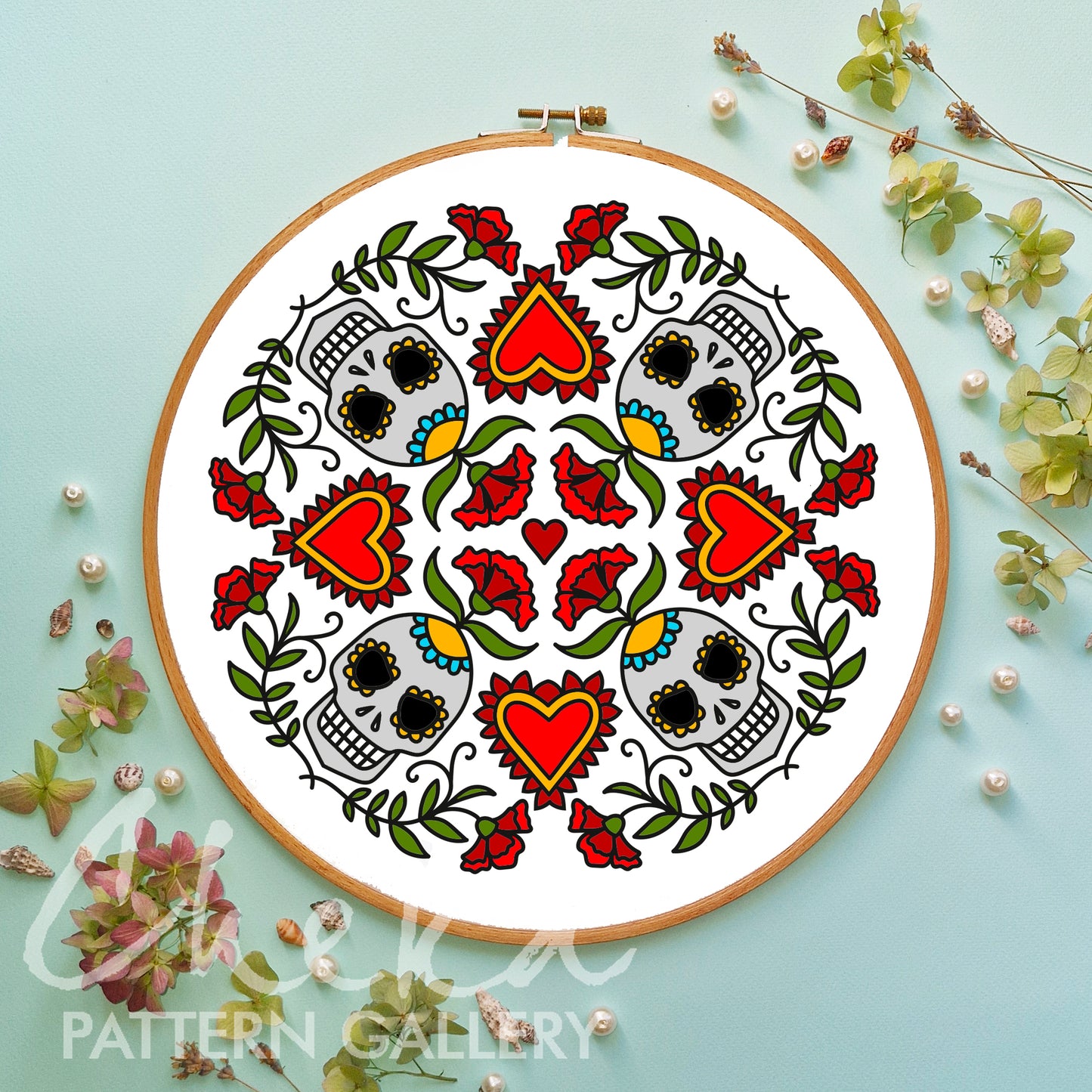 All Saints’ Day. Skull and carnation, hand embroidery PDF pattern. Trick Or Treat, Halloween scary embroidery. Spooky season
