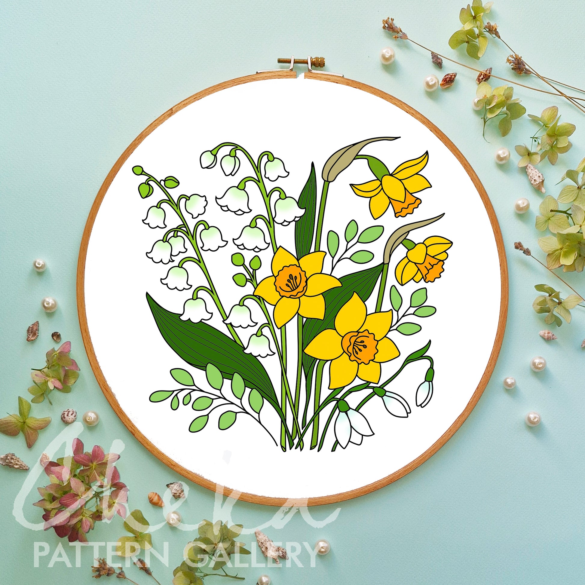 Daffodils, lilies of the valley and snowdrops, hand embroidery pattern. Embroidery blueprint PDF. Easter embroidery project, template PDF