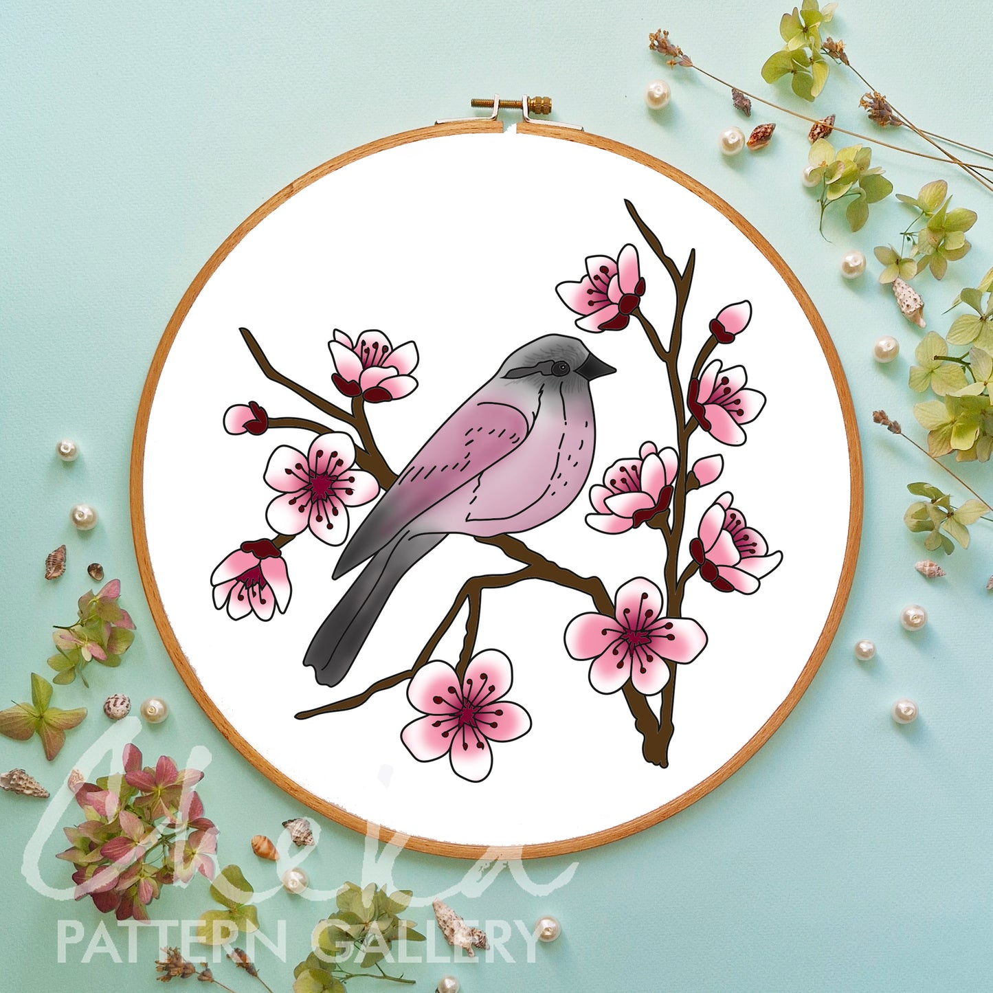 Spring bird, embroidery blueprint. Pink Bird and flowers, Spring embroidery project. Hand Embroidery Pattern PDF, Instant Download, hoop art