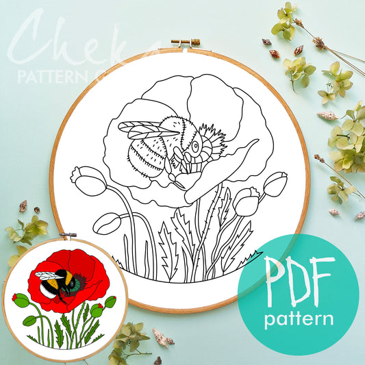 Red poppie and the Bumblebee. Beautiful hand embroidery pattern. Summer flowers, Poppies embroidery pattern PDF, Bumblebee embroidery design