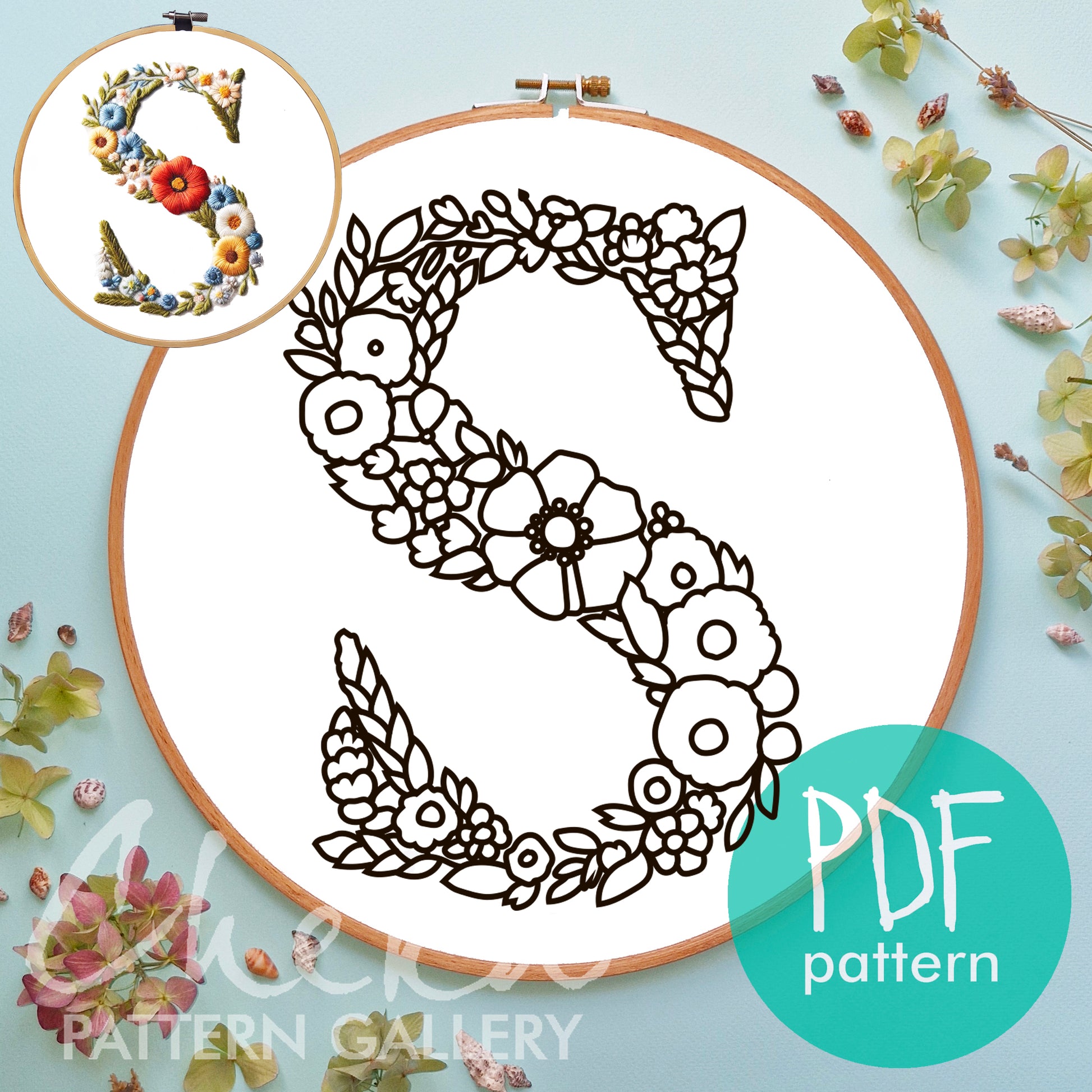 Floral S letter embroidery. Floral monogram. Floral alphabet embroidery, letter embroidery pattern. Hoop art, The letter "S" digital pattern