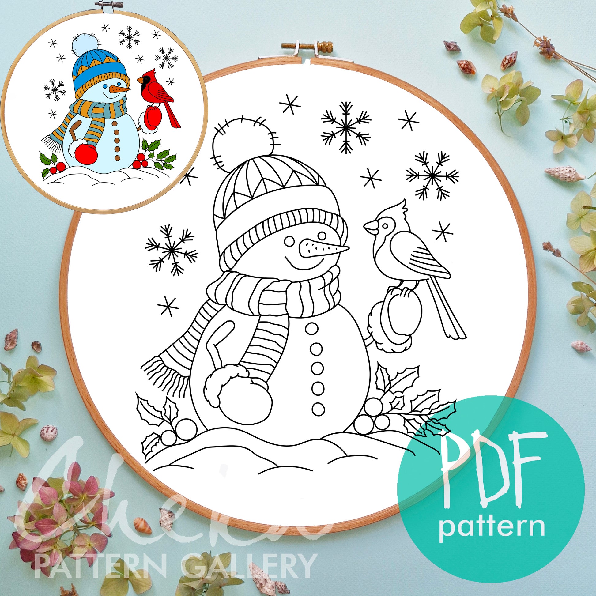 Snowman, Hand Embroidery Pattern, Christmas Hand Embroidery Design PDF, Cozy Winter Scene,  DIY Craft