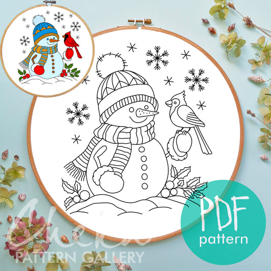 Snowman, Hand Embroidery Pattern, Christmas Hand Embroidery Design PDF, Cozy Winter Scene,  DIY Craft