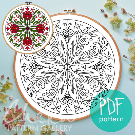 Pomegranate Floral fractal Embroidery pattern, Red Pomegranate embroidery pattern, Pomegranate embroidery design, Hand Embroidery, Hoop art