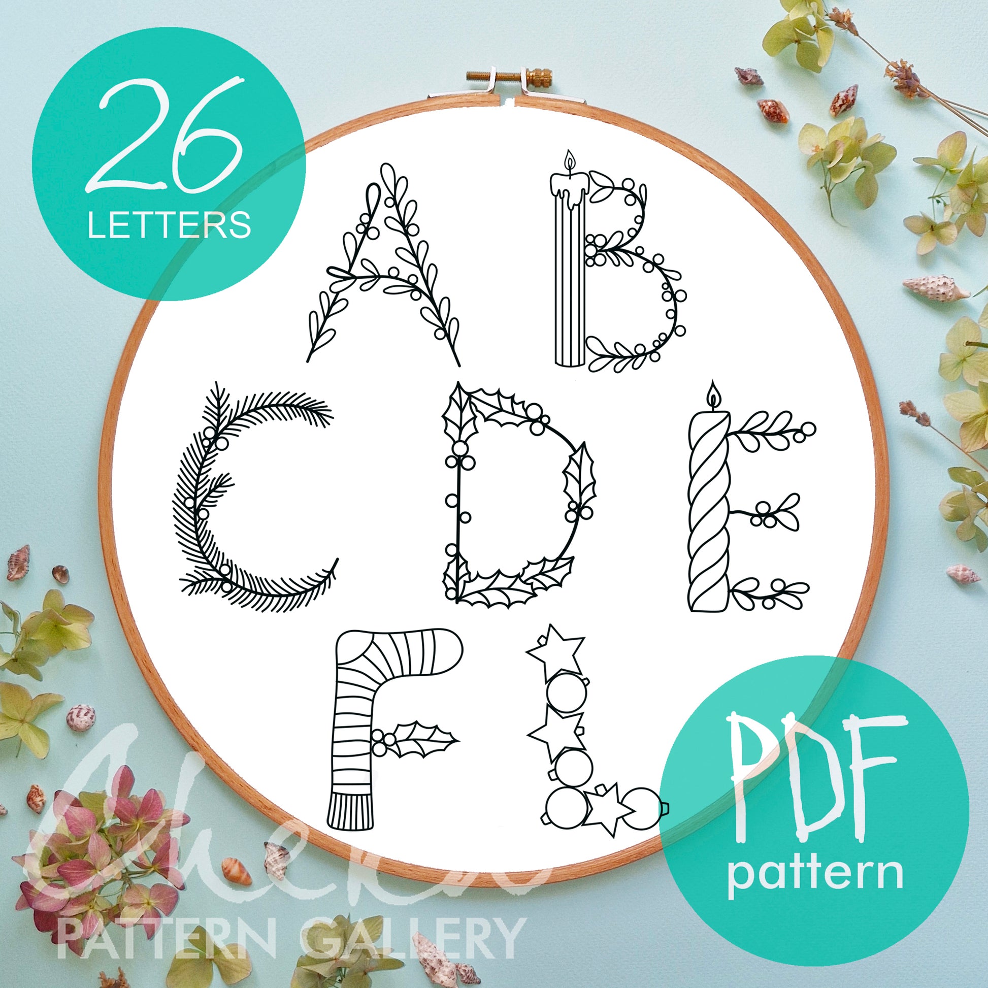 Christmas Alphabet, Set of letters for hand embroidery. Hand embroidery pattern with holiday things. Christmas Monogram, modern hoop art