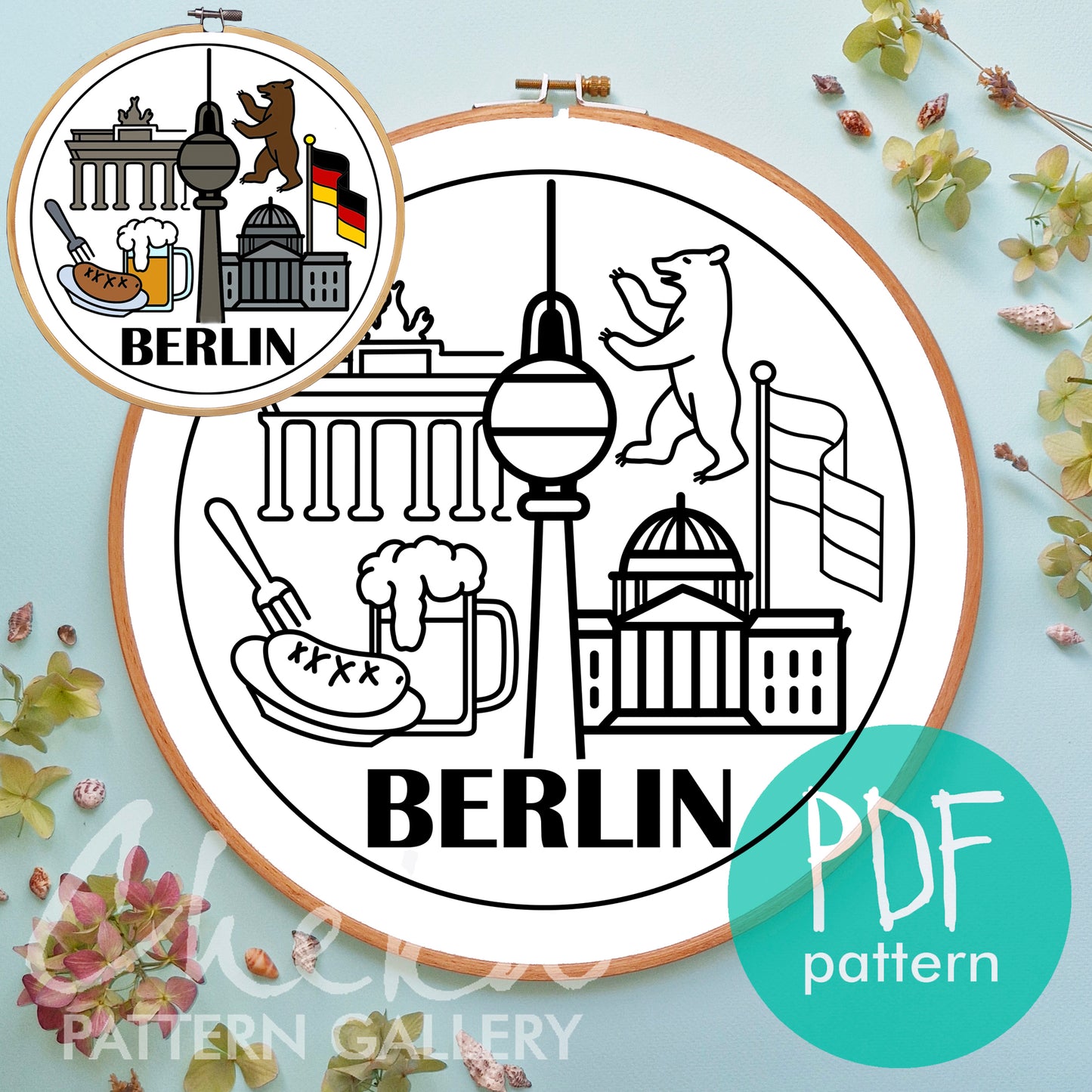 Berlin, symbol of the city. German embroidery, Hand embroidery pattern PDF. Modern hoop art, 