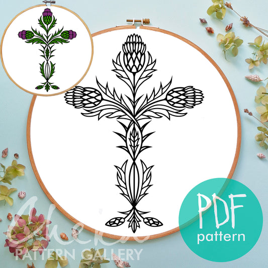 Embroidery hoop with black thistle design on a light blue background, featuring 'PDF pattern' text.