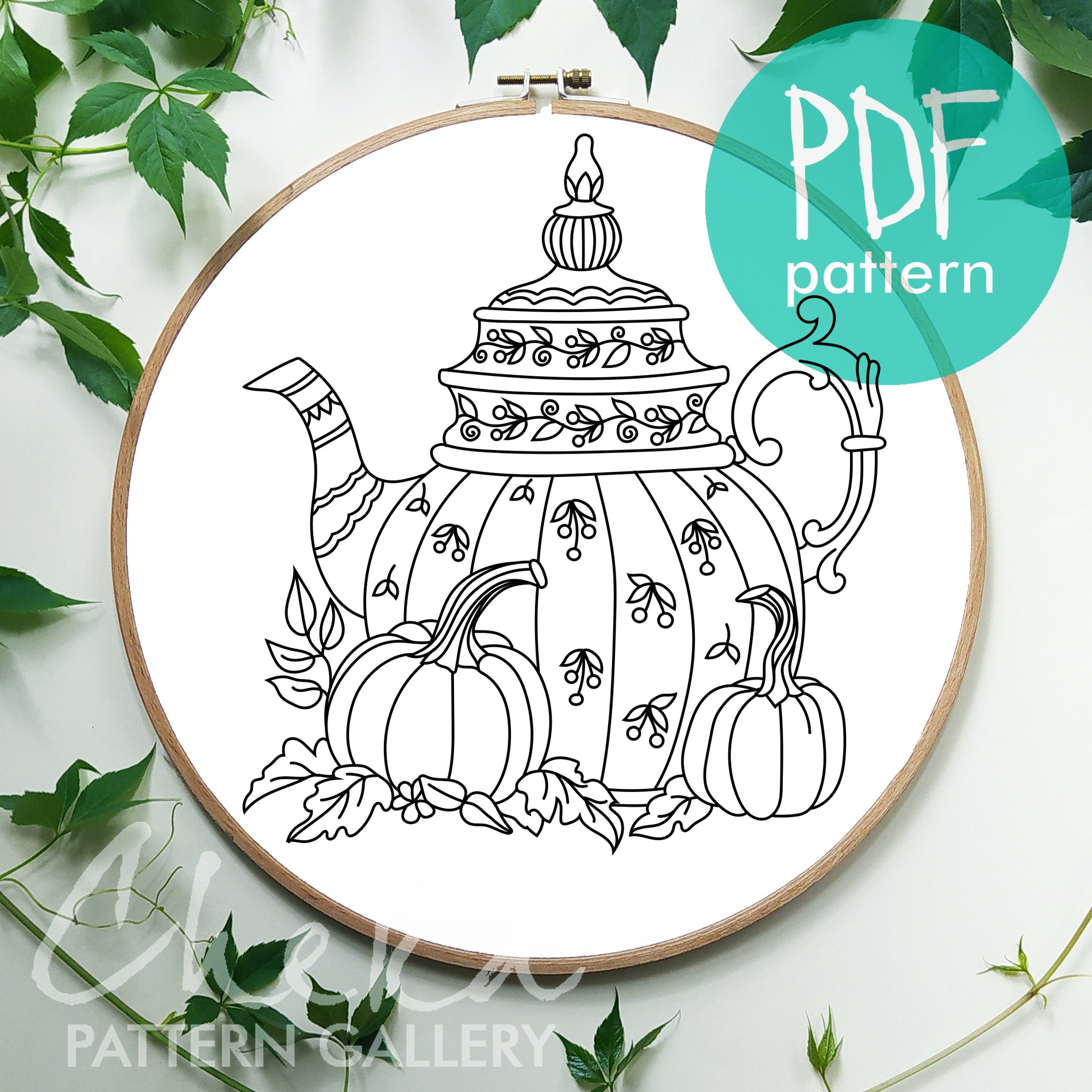 Teapot embroidery pattern, Floral Tea Embroidery, Autumn Embroidery Pattern, Pumpkins and Autumn Foliage, Fall hoop art, modern embroidery