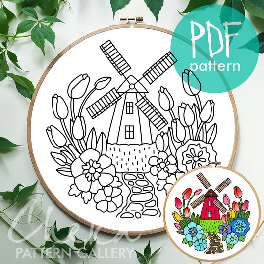 Windmill, the symbol of Holland. Windmill and tulips, pattern for hand embroidery. Spring flowers and the red mill. Handmade embroidery PDF