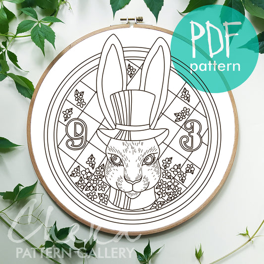 The rabbit who is late. Bunny, Hand Embroidery pattern PDF, rabbit in hat embroidery design, Alice in Wonderland pattern, Modern hoop art