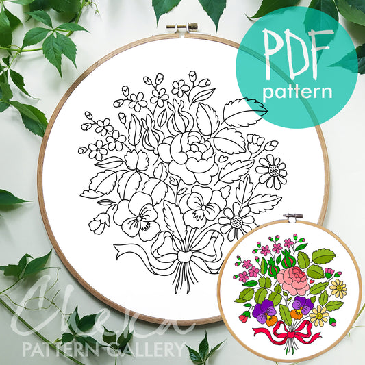 Floral hand embroidery pattern. Beautiful Classic embroidery pattern. PDF Embroidery pattern with flowers.  Hand embroidery blueprint