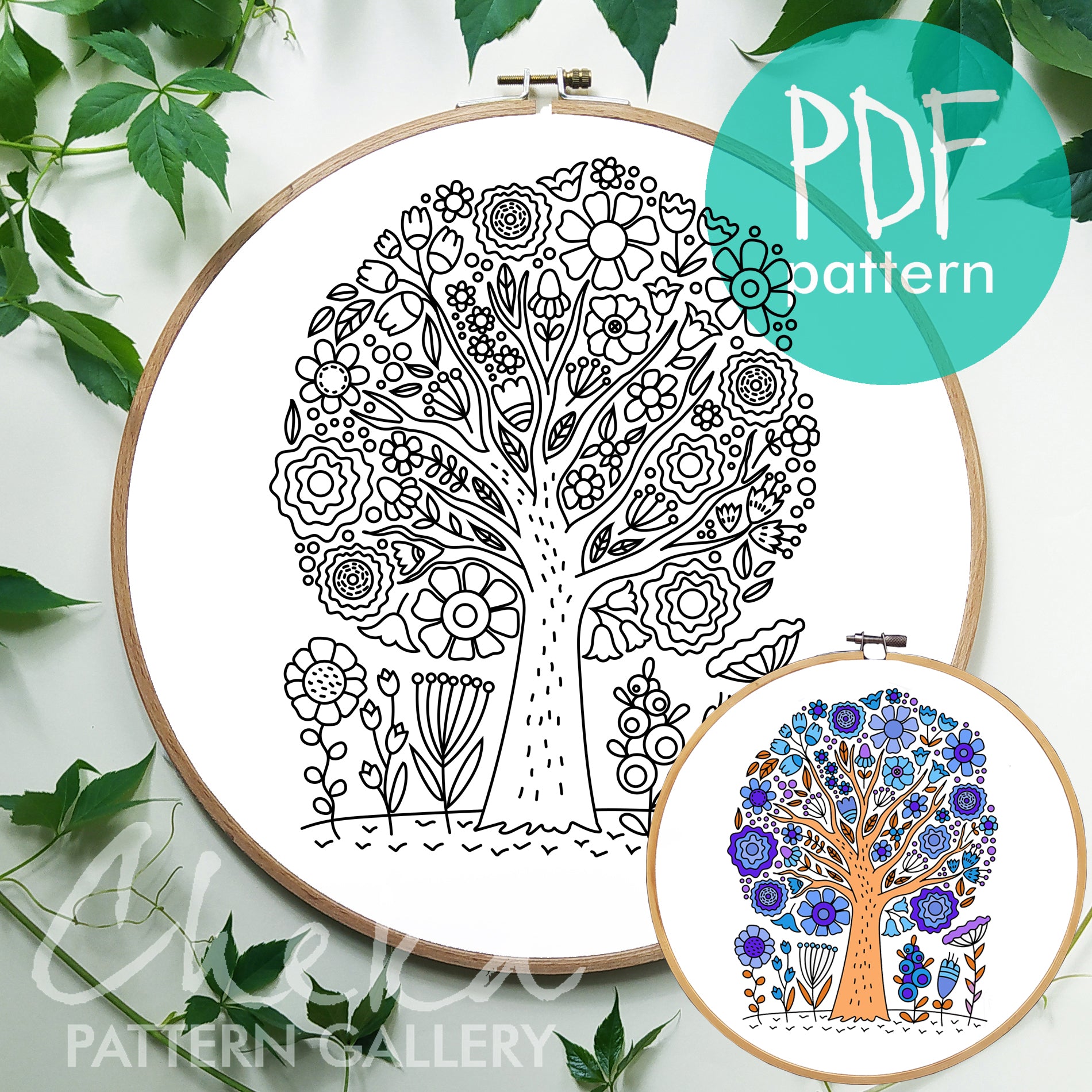 Beginner Embroidery PDF Pattern, Flower Tree. Digital Pattern. Embroidery Sampler PDF Pattern with flowers