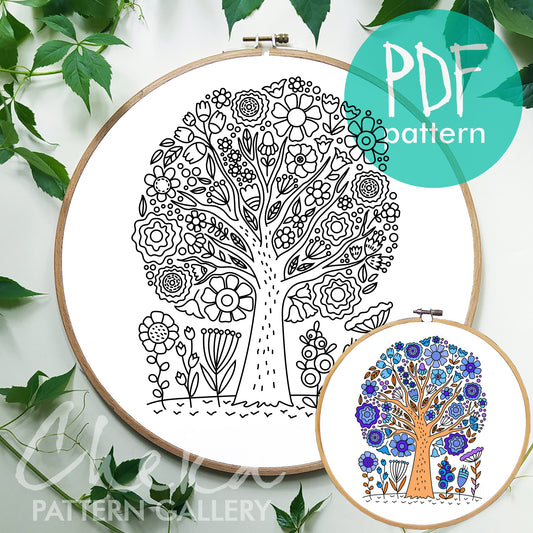 Beginner Embroidery PDF Pattern, Flower Tree. Digital Pattern. Embroidery Sampler PDF Pattern with flowers