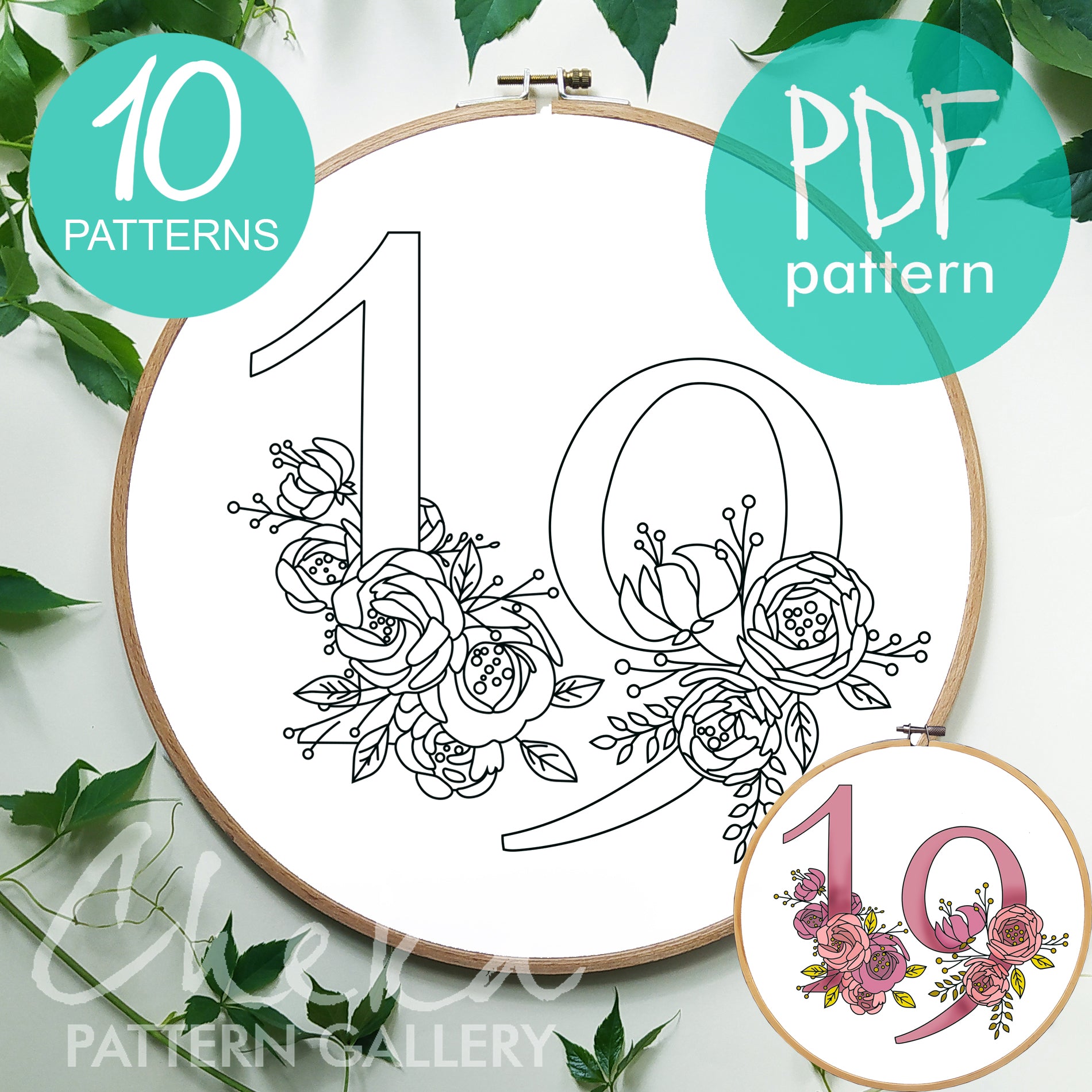 Floral Numbers. A set of 10 numbers with pink flowers. Hand embroidery pattern PDF, modern hoop art