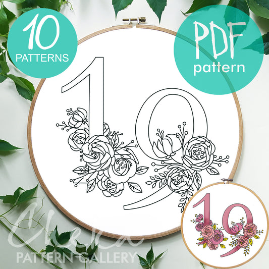 Floral Numbers. A set of 10 numbers with pink flowers. Hand embroidery pattern PDF, modern hoop art