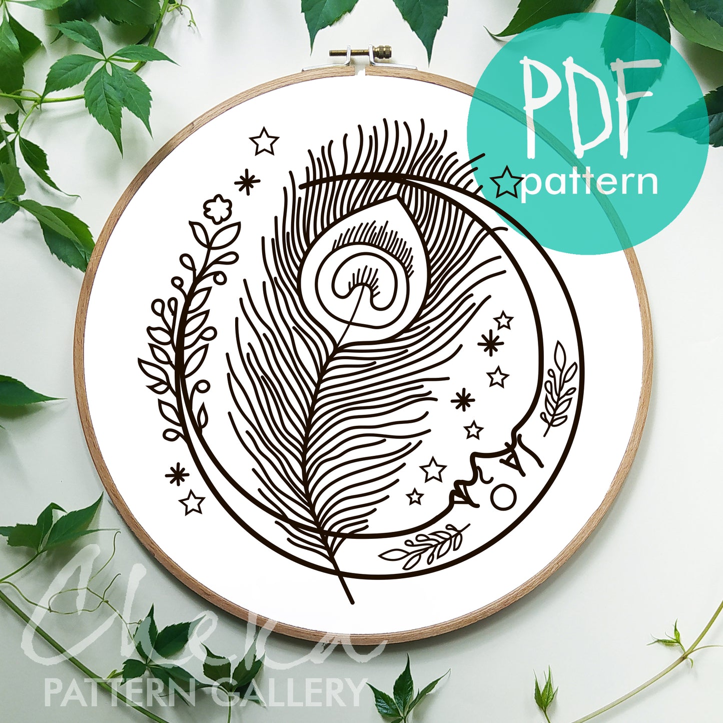 Peacock feather and moon. Simple embroidery pattern. Small peacock feather with a lunar cycle, template for hand embroidery. Peacock pattern