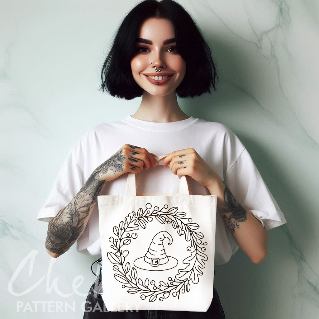 halloween gothic bag, Autumn Embroidery Patterns, Fall Halloween Embroidery Pattern. Witch hat pattern, Halloween embroidery. Fall wreath, hand embroidery pattern