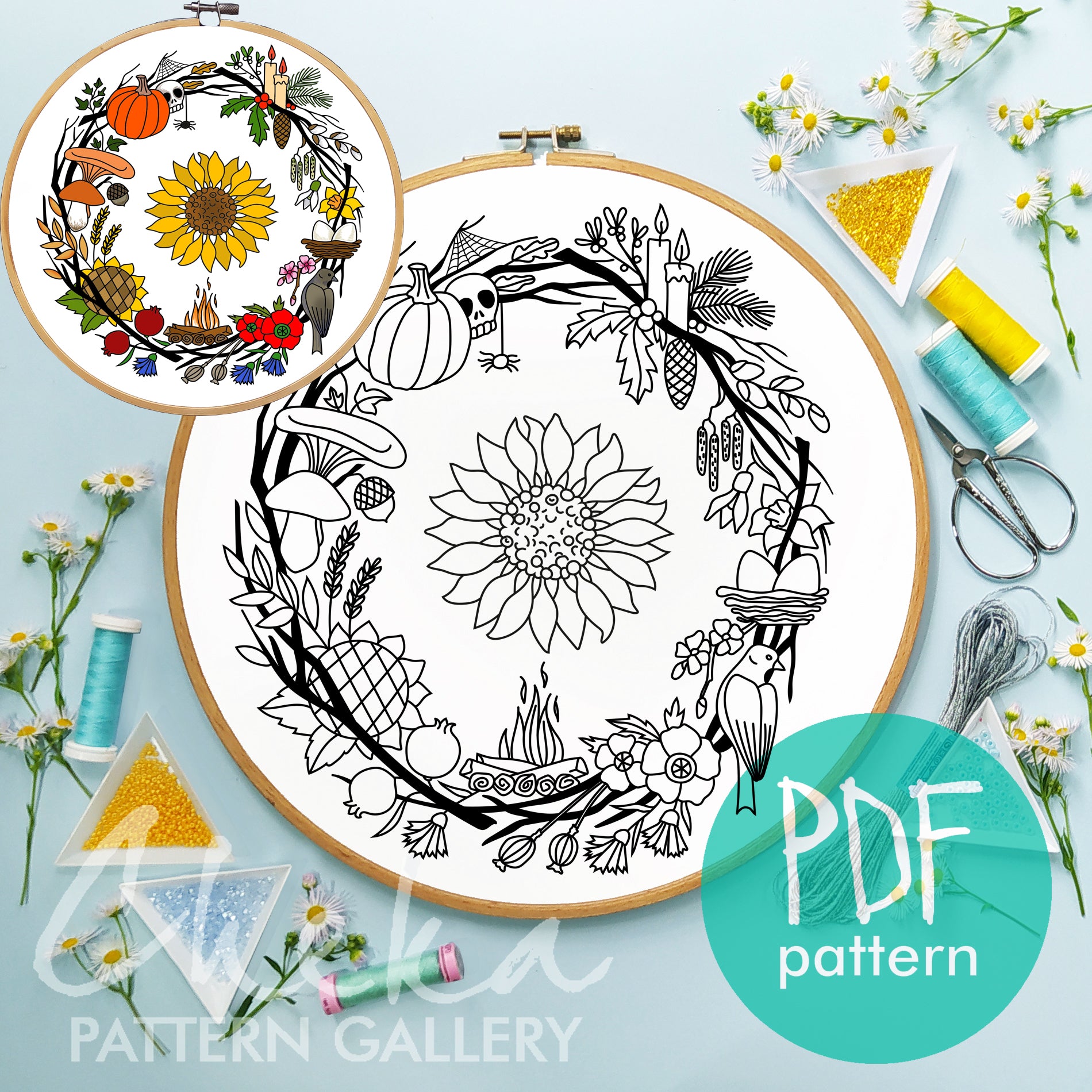 Phenology wheel pattern, calendar to embroider the year, seasons, month embroidery. Sabbats, Christmas, Easter phenology wheel templates PDF