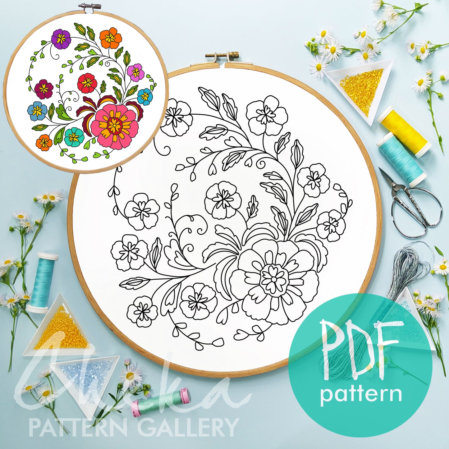 Vintage bouquet embroidery pattern, Embroidery pattern with forget-me-nots. Pattern for embroidery of tablecloths. Classic patterns PDF