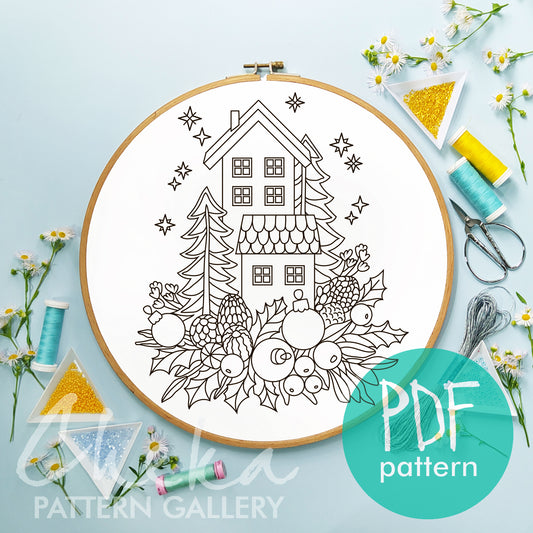 Holiday Village PDF template, Christmas Embroidery Pattern, Winter village Embroidery, Christmas decor, instant download, Beaded Hoop art