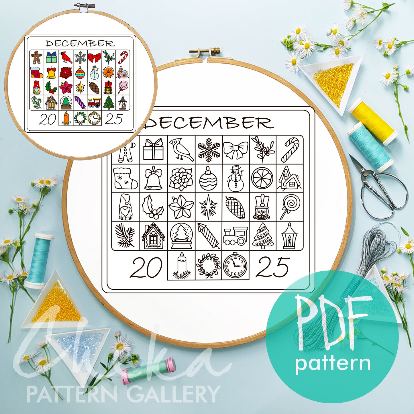 Advent calendar, hand embroidery pattern, December digital embroidery pattern. Phenology calendar pattern. English, French, German versions