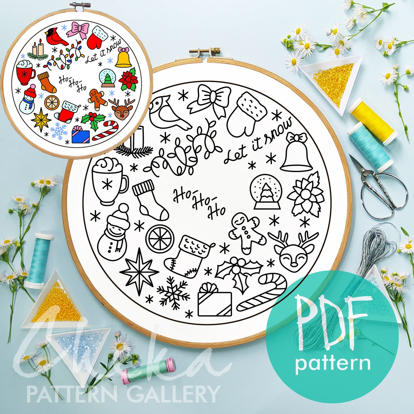 Christmas decoration. Christmas hand embroidery pattern, cozy embroidery ornament PDF, Christmas home decor