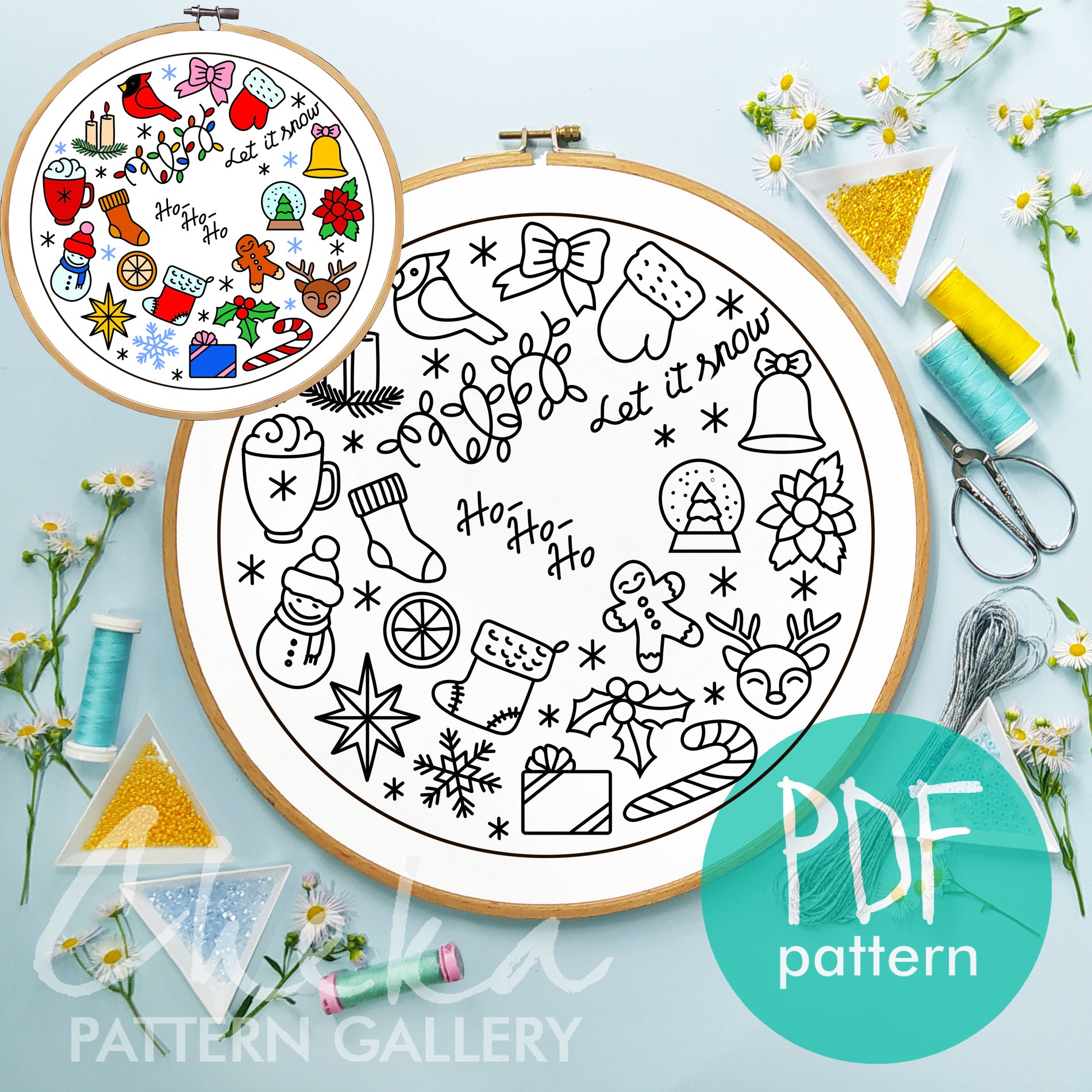 Christmas decoration. Christmas hand embroidery pattern, cozy embroidery ornament PDF, Christmas home decor