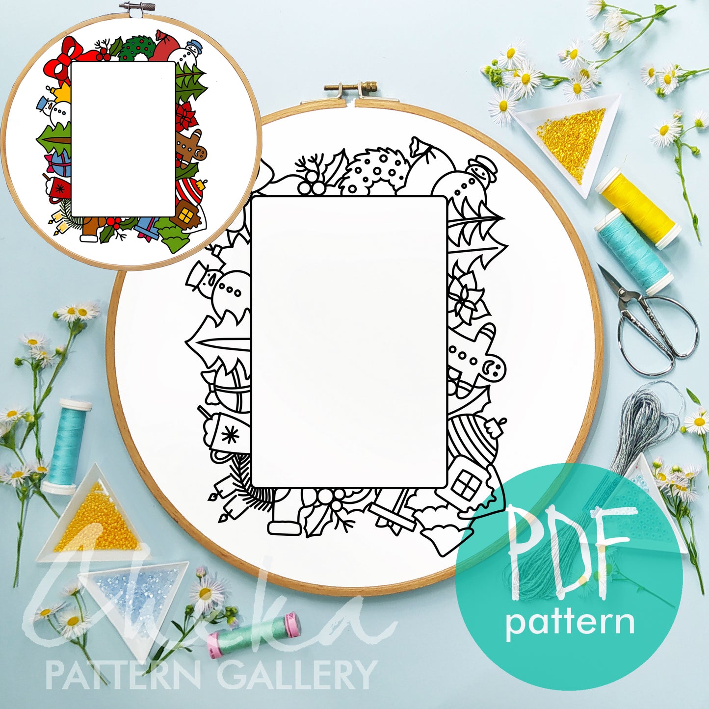 Christmas Photo frame, hand embroidery pattern PDF, handmade embroidered frame, digital hand embroidery template PDF