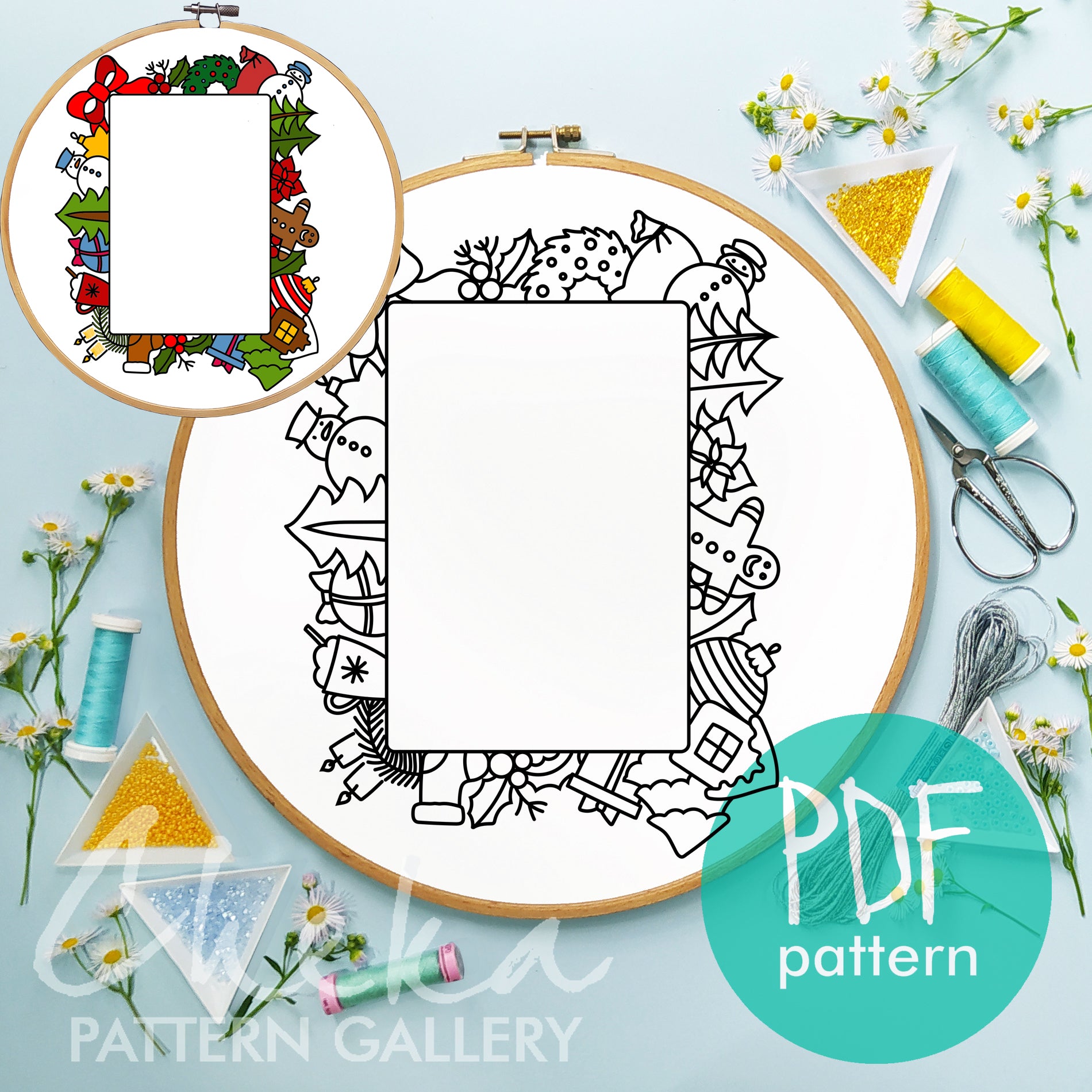 Christmas Photo frame, hand embroidery pattern PDF, handmade embroidered frame, digital hand embroidery template PDF