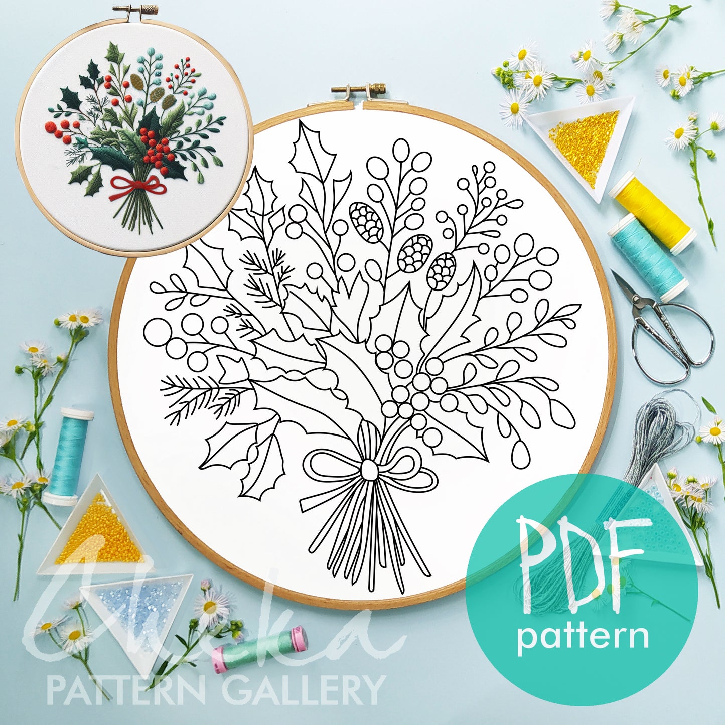 Holly and mistletoe, Christmas hand embroidery pattern. Holly Bouquet, pattern for tablecloth. Christmas Botanical Embroidery, Holly Berries