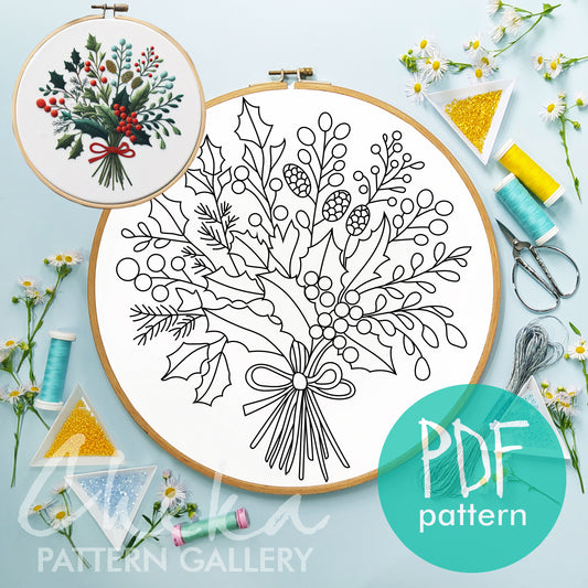 Holly and mistletoe, Christmas hand embroidery pattern. Holly Bouquet, pattern for tablecloth. Christmas Botanical Embroidery, Holly Berries