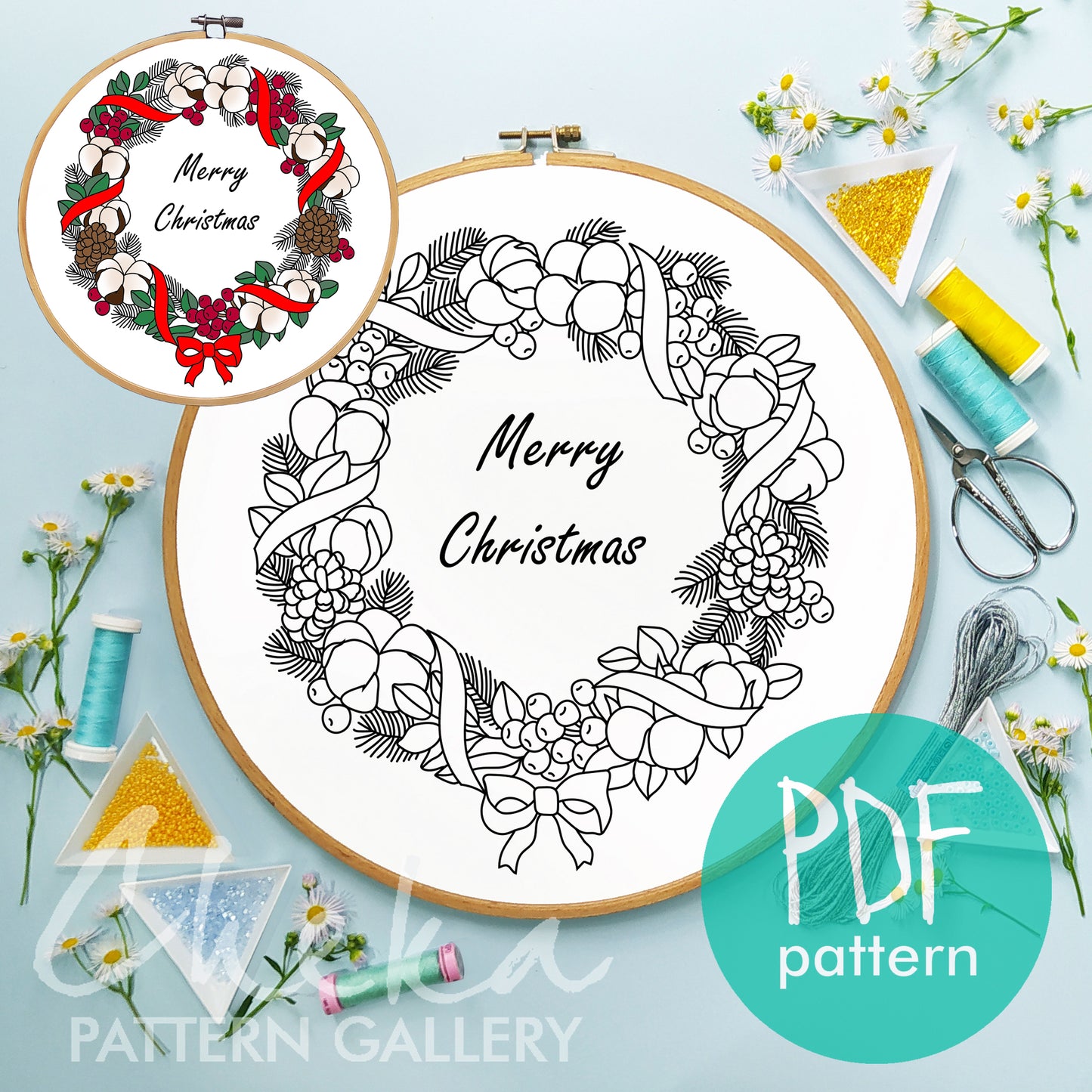 Christmas embroidery pattern, Botanical Embroidery, Holly and cotton, Christmas Holly hand embroidery pattern for tablecloth. Cotton Berries