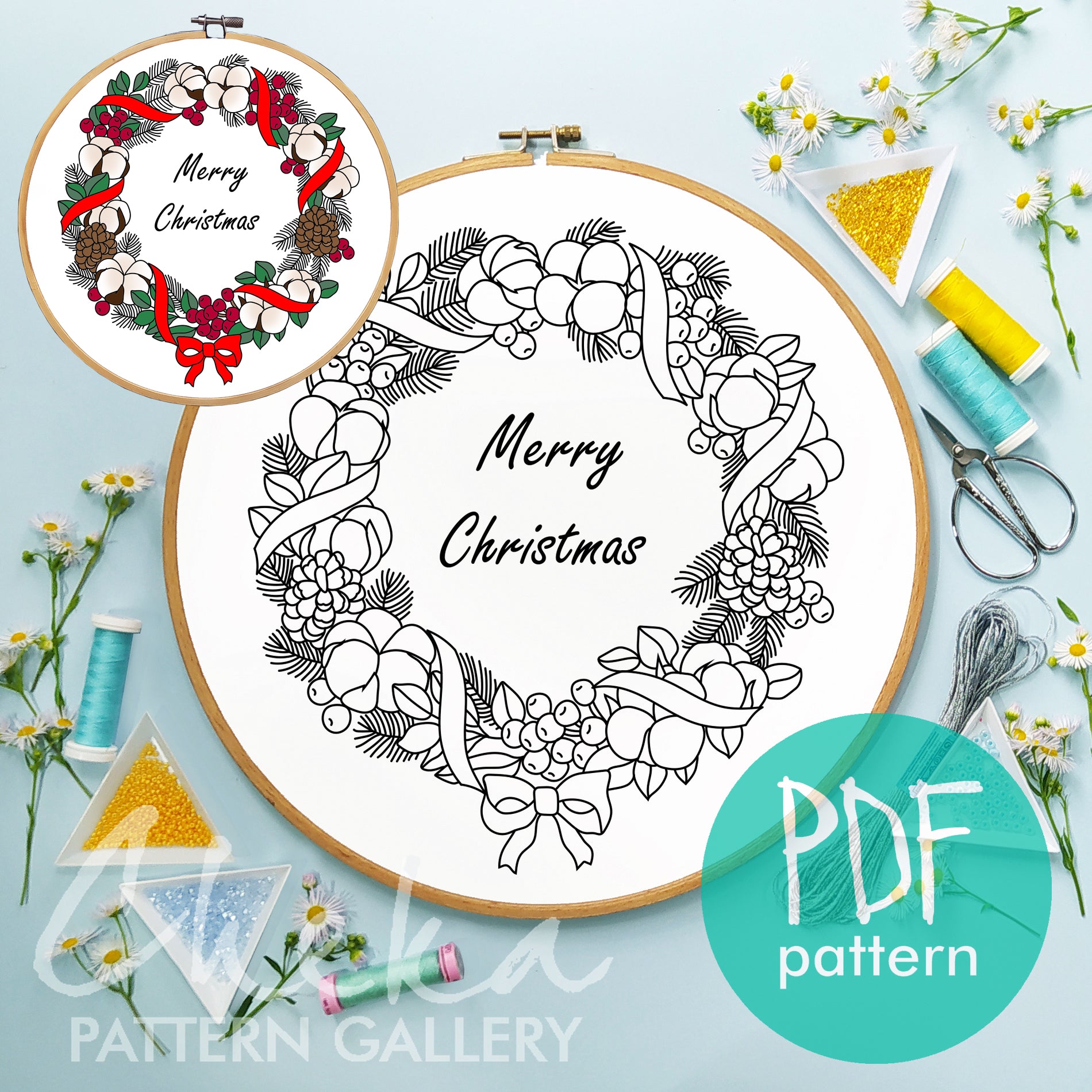 Christmas embroidery pattern, Botanical Embroidery, Holly and cotton, Christmas Holly hand embroidery pattern for tablecloth. Cotton Berries