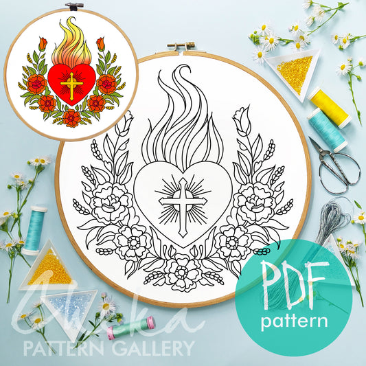 Sacred Heart Of Jesus pattern, Catholic Religious Symbol, Instant Digital Download. Embroidery Pattern, Christian Hoop Art,Heart and Flowers