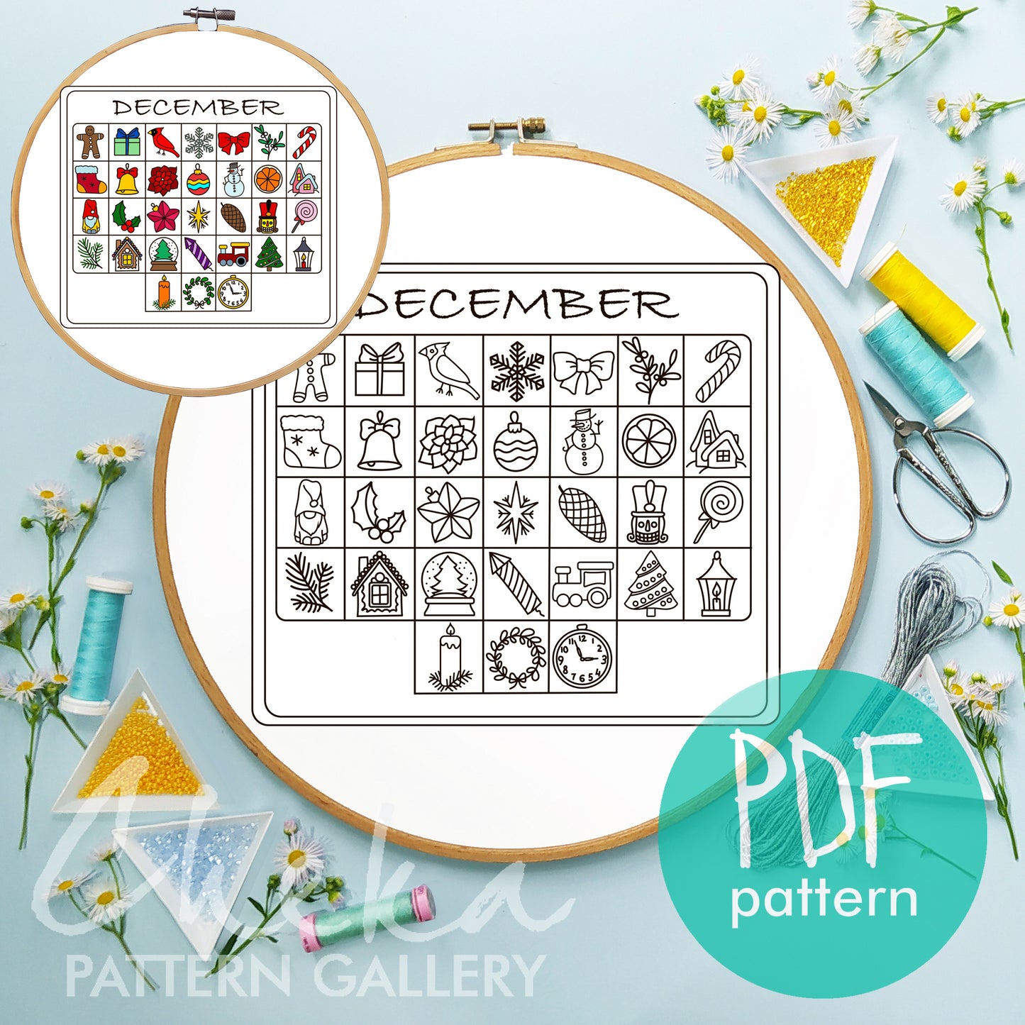 Advent calendar, hand embroidery pattern, December digital embroidery pattern. Phenology calendar pattern. English, French, German versions