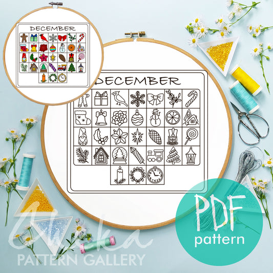 Advent calendar, hand embroidery pattern, December digital embroidery pattern. Phenology calendar pattern. English, French, German versions