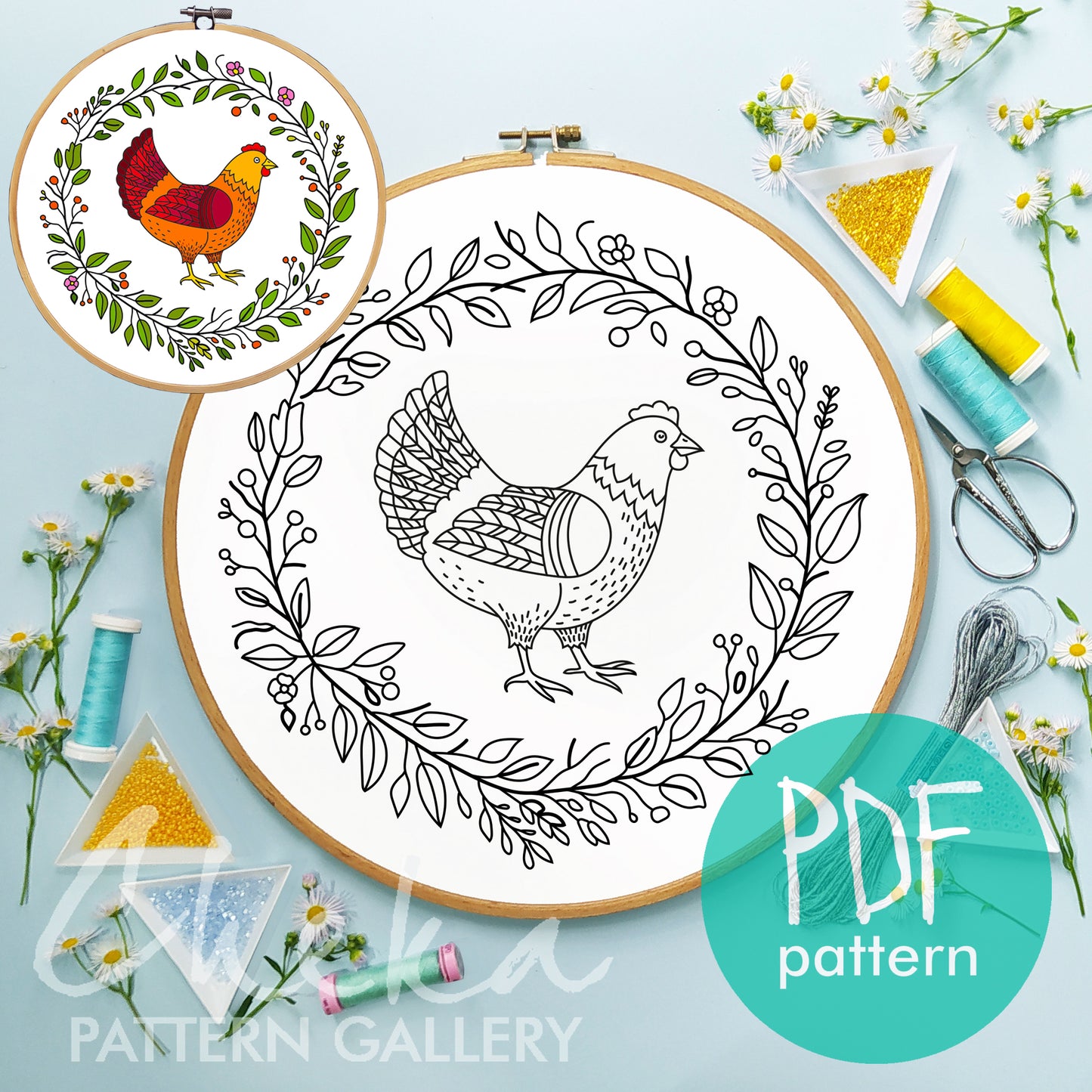 The Hen, hand embroidery pattern. Cute Hen hand embroidery pattern. Colorful Chicken Hand Embroidery Pattern, Instant Download, hoop art