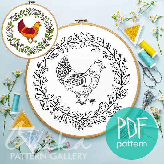 The Hen, hand embroidery pattern. Cute Hen hand embroidery pattern. Colorful Chicken Hand Embroidery Pattern, Instant Download, hoop art