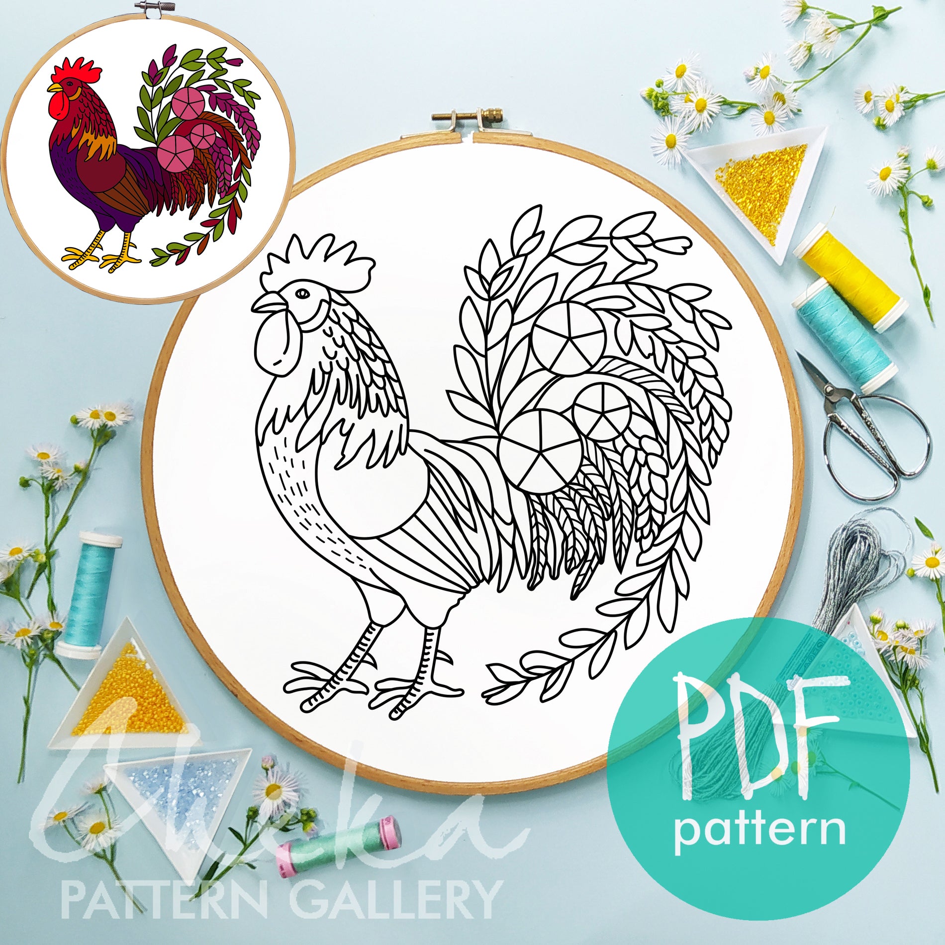 The rooster, the symbol of France. Cockerel hand embroidery pattern PDF. Instant Download, beginner friendly