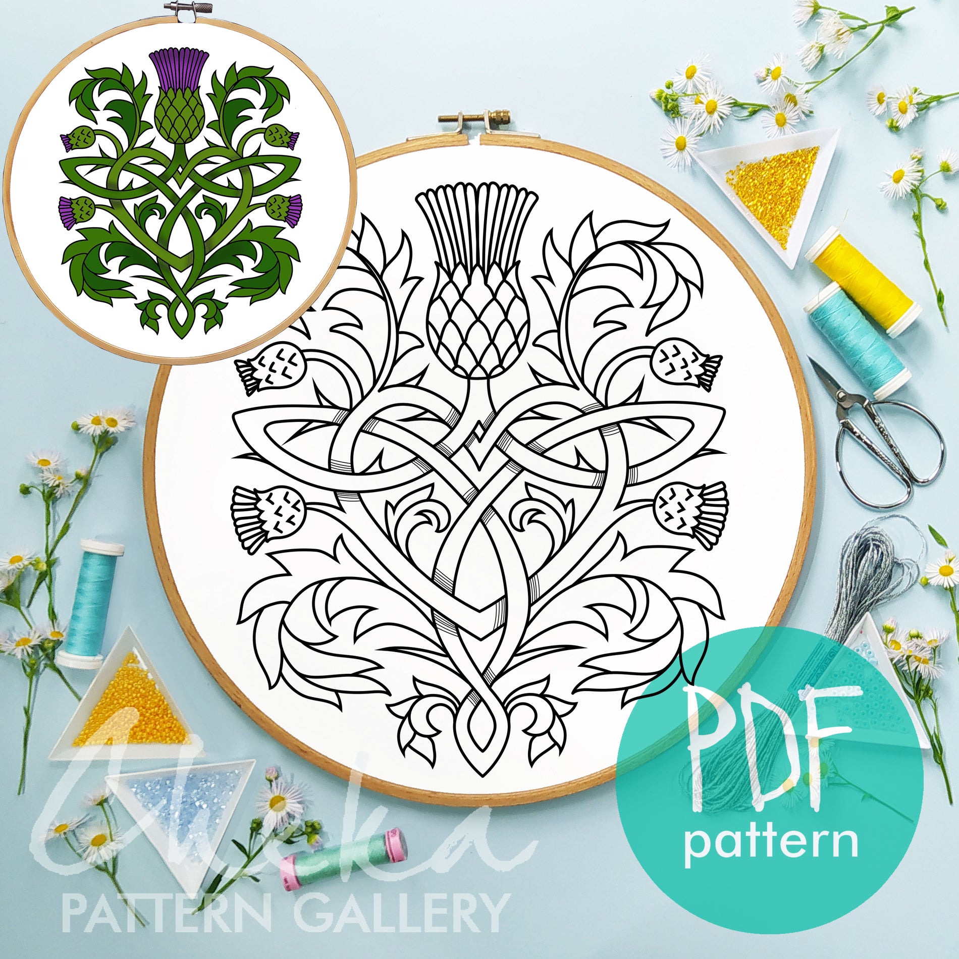 Thistle, pattern for hand embroidery. Traditional Scottish Crest. Decorative Thistle flower, botanical embroidery. Celtic hoop Art, Thistle
