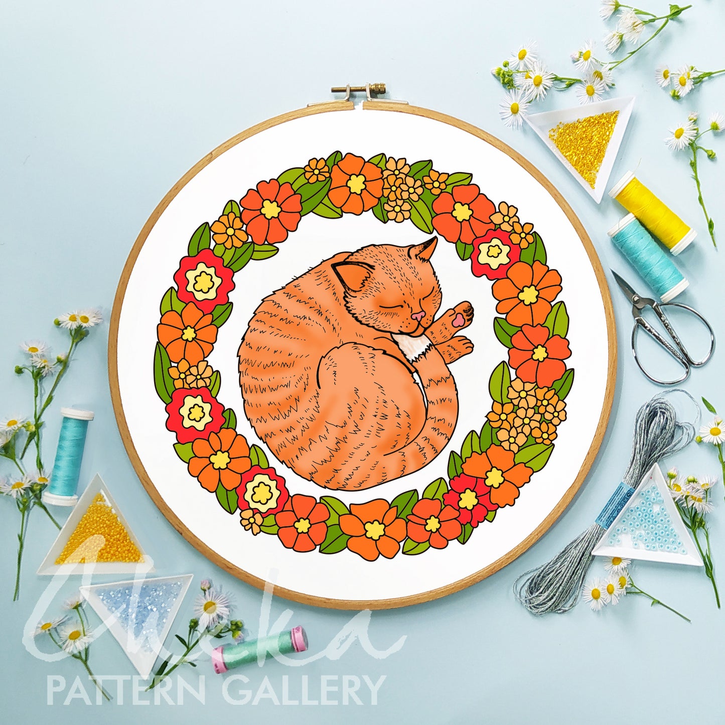 Cat among flowers, Cat Lover Gift, Pet portrait, Sleeping cat, pet embroidery pattern pdf, Embroidery blueprint, digital download PDF