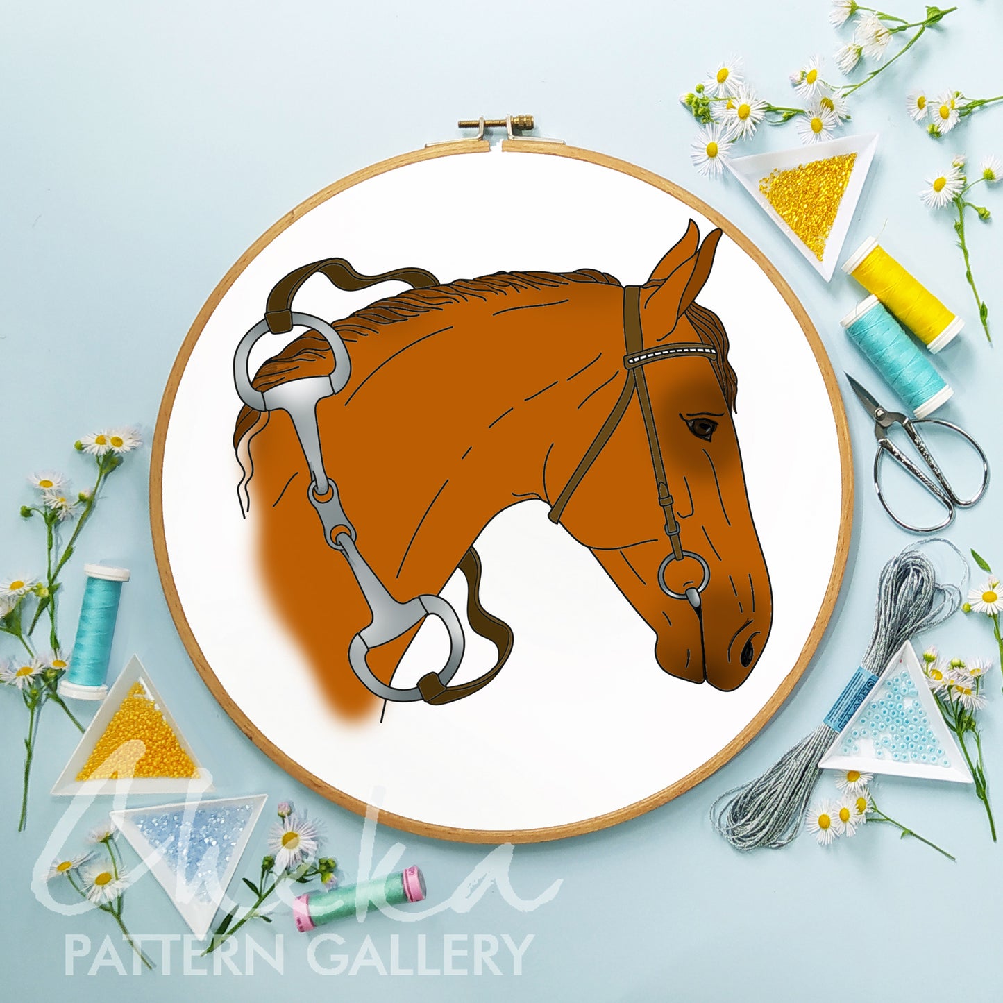 Horse, hand embroidery pattern. Cute horse portrait. Horse embroidery template PDF, Simple embroidery, hoop art. Horse digital portrait