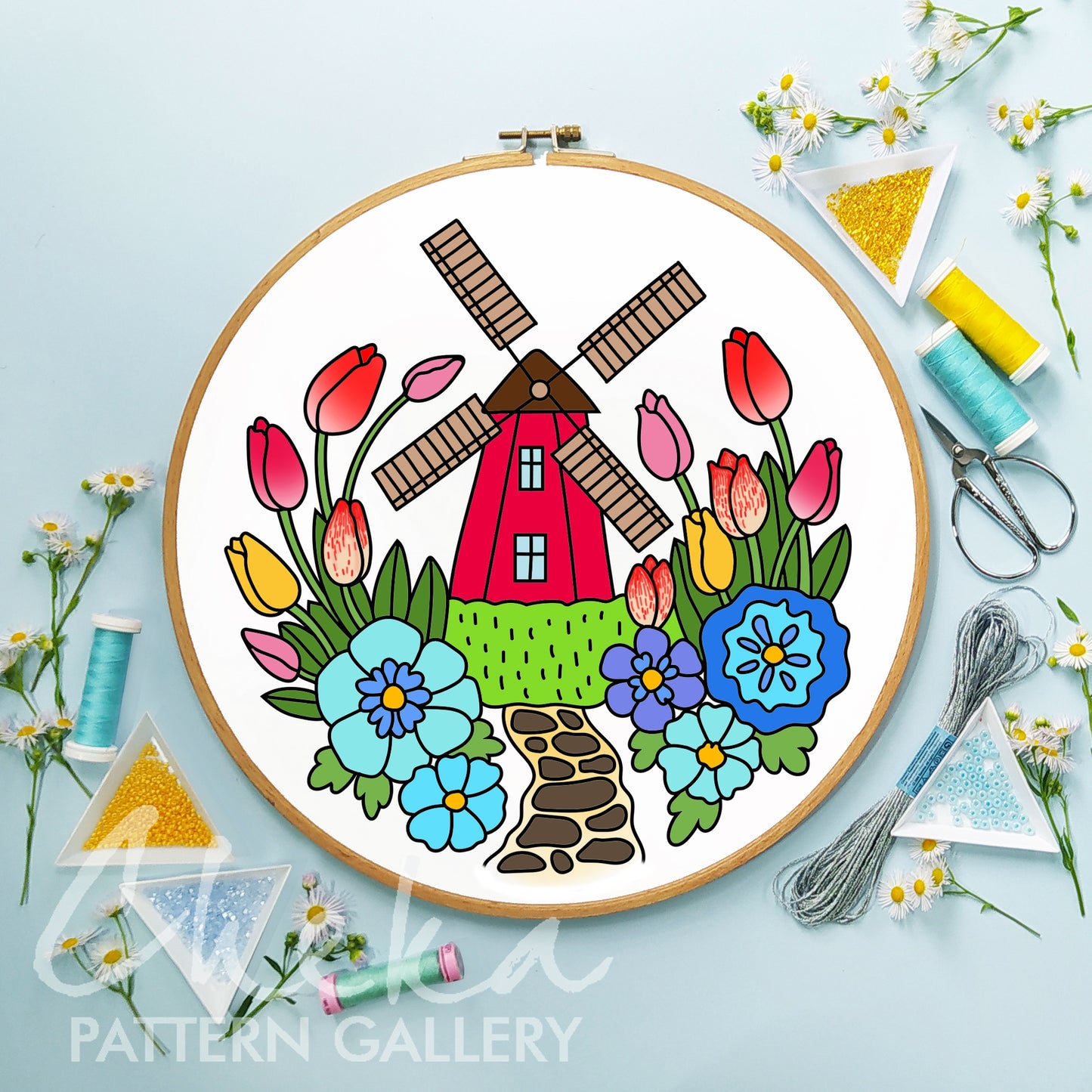 Windmill, the symbol of Holland. Windmill and tulips, pattern for hand embroidery. Spring flowers and the red mill. Handmade embroidery PDF