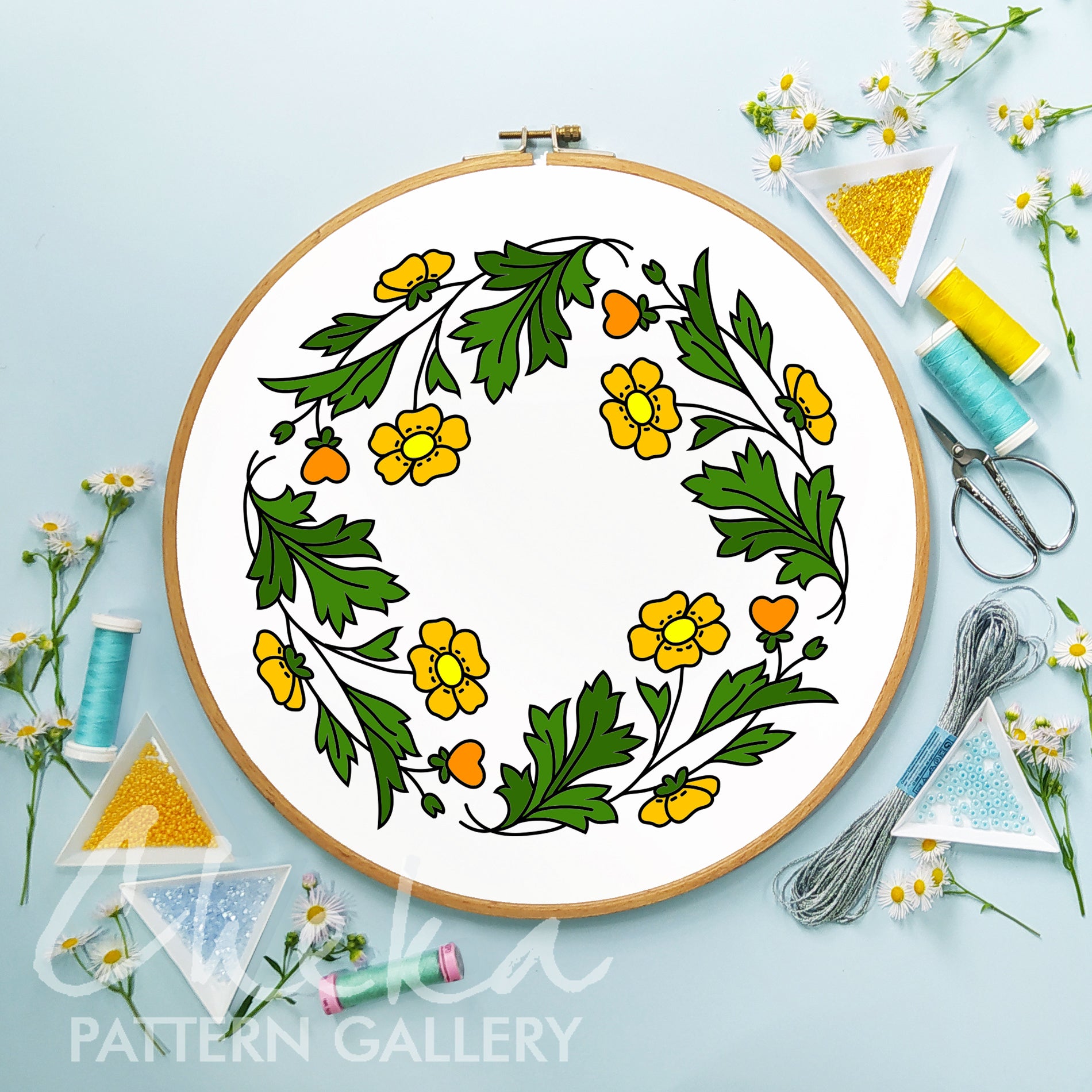 Vintage floral embroidery pattern, Embroidery pattern with yellow flowers and leaves. Pattern for embroidery of tablecloths. Classic pattern