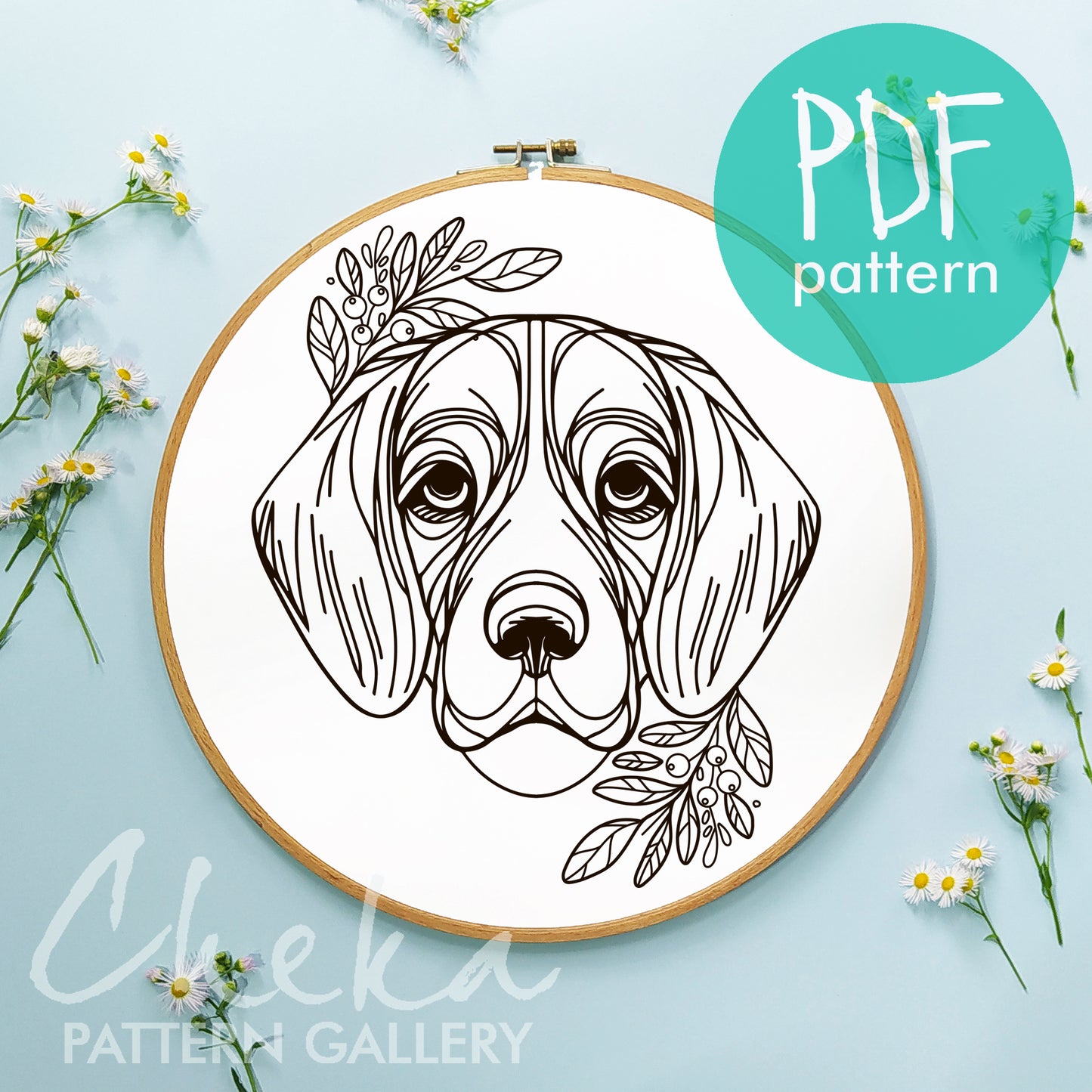 Beagle portrait, digital pet portrait, Embroidery scheme with a Beagle, dog embroidery template, floral embroidery design, Dogs lover gift