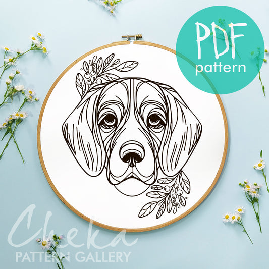 Beagle portrait, digital pet portrait, Embroidery scheme with a Beagle, dog embroidery template, floral embroidery design, Dogs lover gift