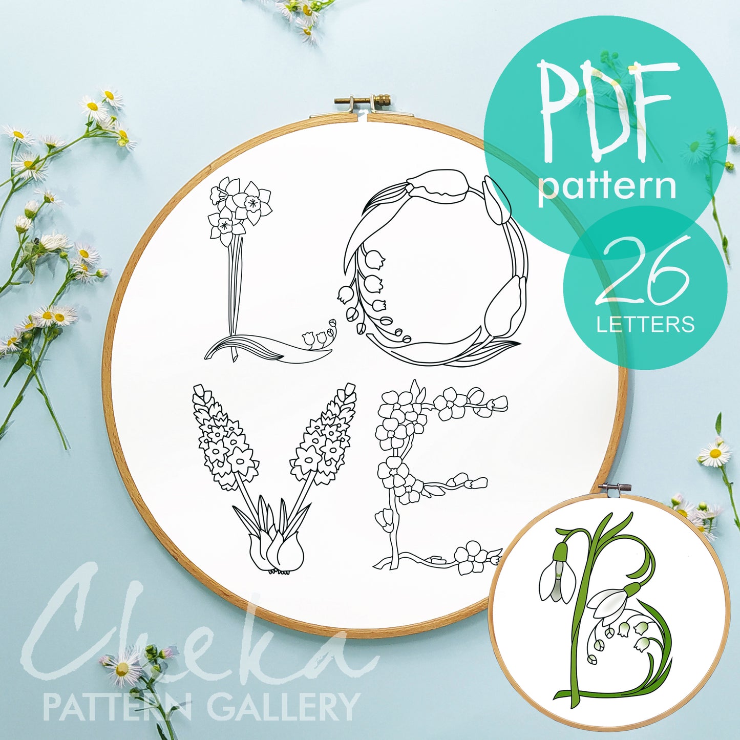 Spring Alphabet, Set of 26 hand embroidery letters. Hand embroidery pattern with Spring Flowers and Blossom. Floral Monogram,modern hoop art